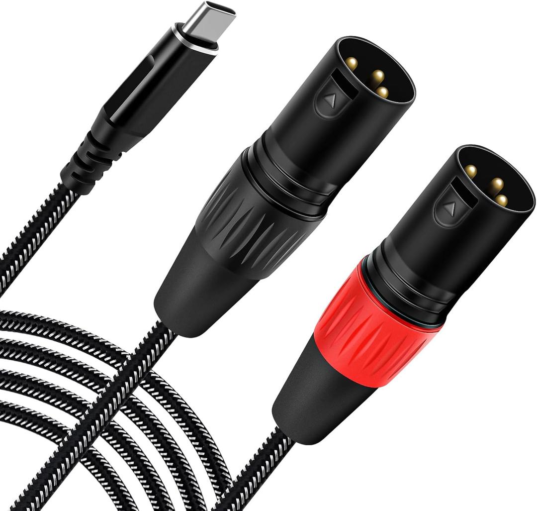 USB C to Dual XLR Male Audio Cable, 6.6FT USB C to 2 Male XLR Stereo Power Amplifier Cable for Mobile Phone Connection Active Speaker, Black Braided