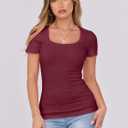 ANRABESS Women Short Sleeve Tops Scoop Neck Ribbed Knit Slim Fitted Basic Tee Shirts Casual Summer Clothes 2025 Fall Outfits (Red, M)