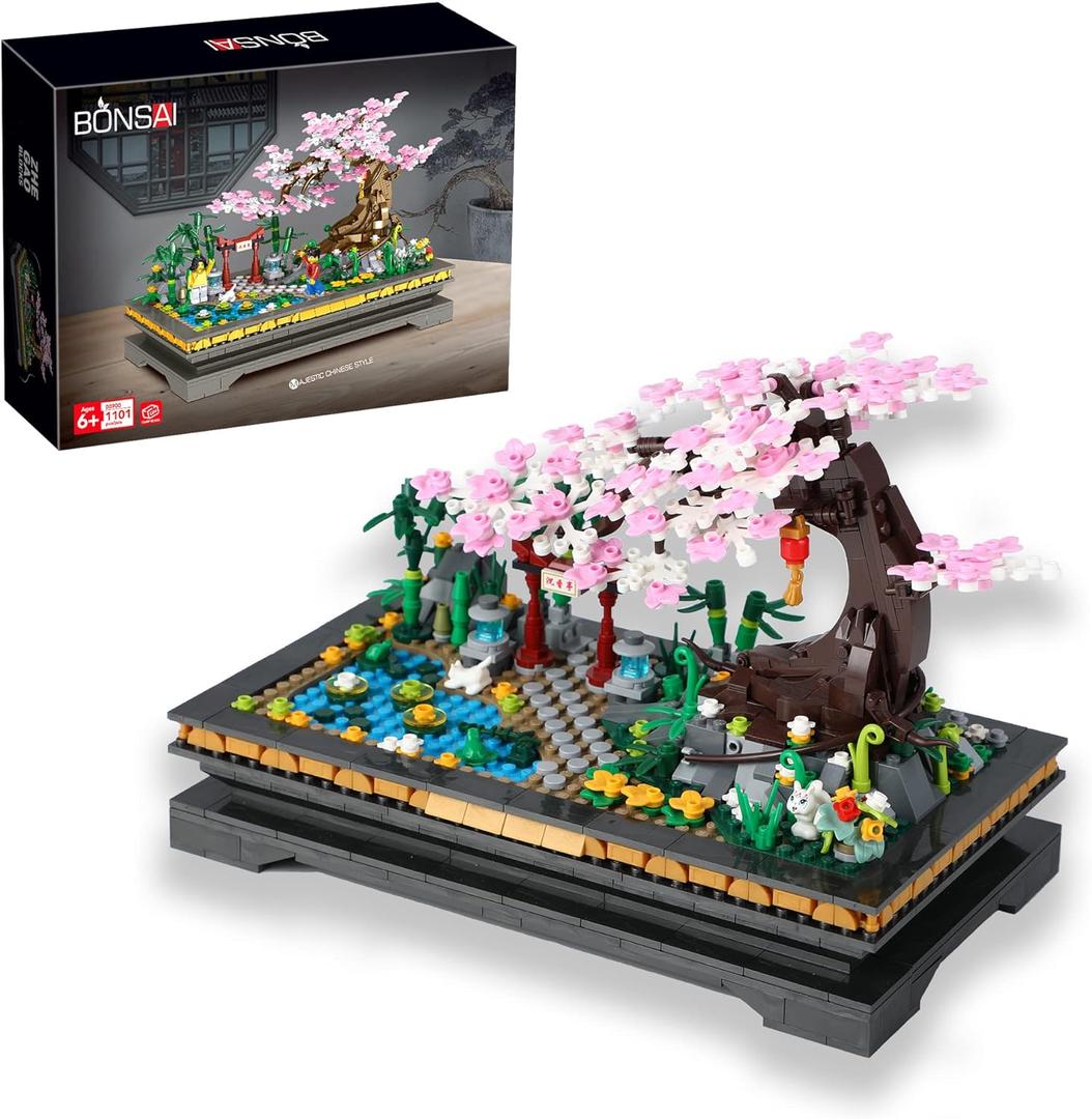 Bonsai Tree Building SetsJapanese Style Cherry Blossom Tree Mini Building Blocks(1101PCS), Including Garden, PlantsAnimalPondMeaningful Gift for 6 7 8 9 10+ Kids and Adults