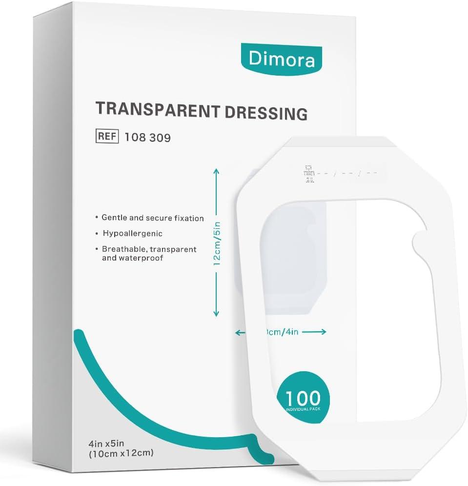 Dimora Waterproof Transparent Film Dressing, Clear Bandage Tape for Wound Care, Adhesive Post Surgical Cover Padfor IV Shield, Tattoo Aftercare, Shower Protector 4x4 3/4 inch 100 Packs
