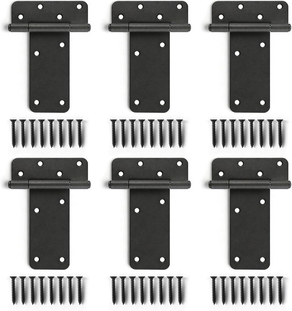 6" Door Hinges,280 Lbs Capacity Heavy Duty Gate Hinges,6 Pack T-Strap Shed Gate Hinges,Matte Black Hinges,Barn Door, Shed Doors, Rust-Resistant,Durable (6"- 6 pcs-Matte Black)-Patent Pending