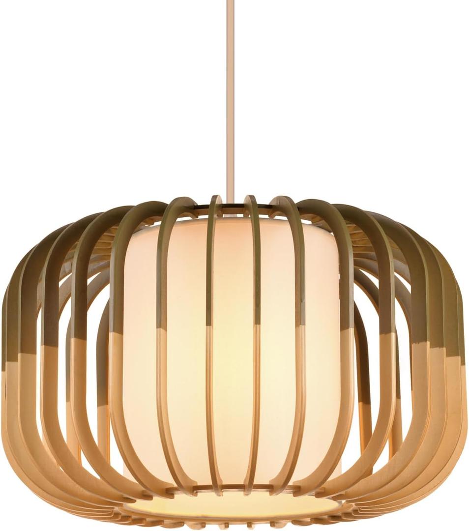 Arturesthome Wood Pendant Lights, Wicker Drum Chandelier Boho Pendant Light Basket Lighting Fixture Natural Woven Hanging Lamp for Kitchen Island Dining Room Entryway (15.7in x 11in)