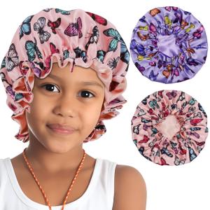brcok 2 PCS Kids Bonnet for Girls Double Layer Satin Silk Bonnet for Kids Sleep Cap for Child Curly Hair (3-10years) (US, Alpha, Medium, Large, Pink&Purple)