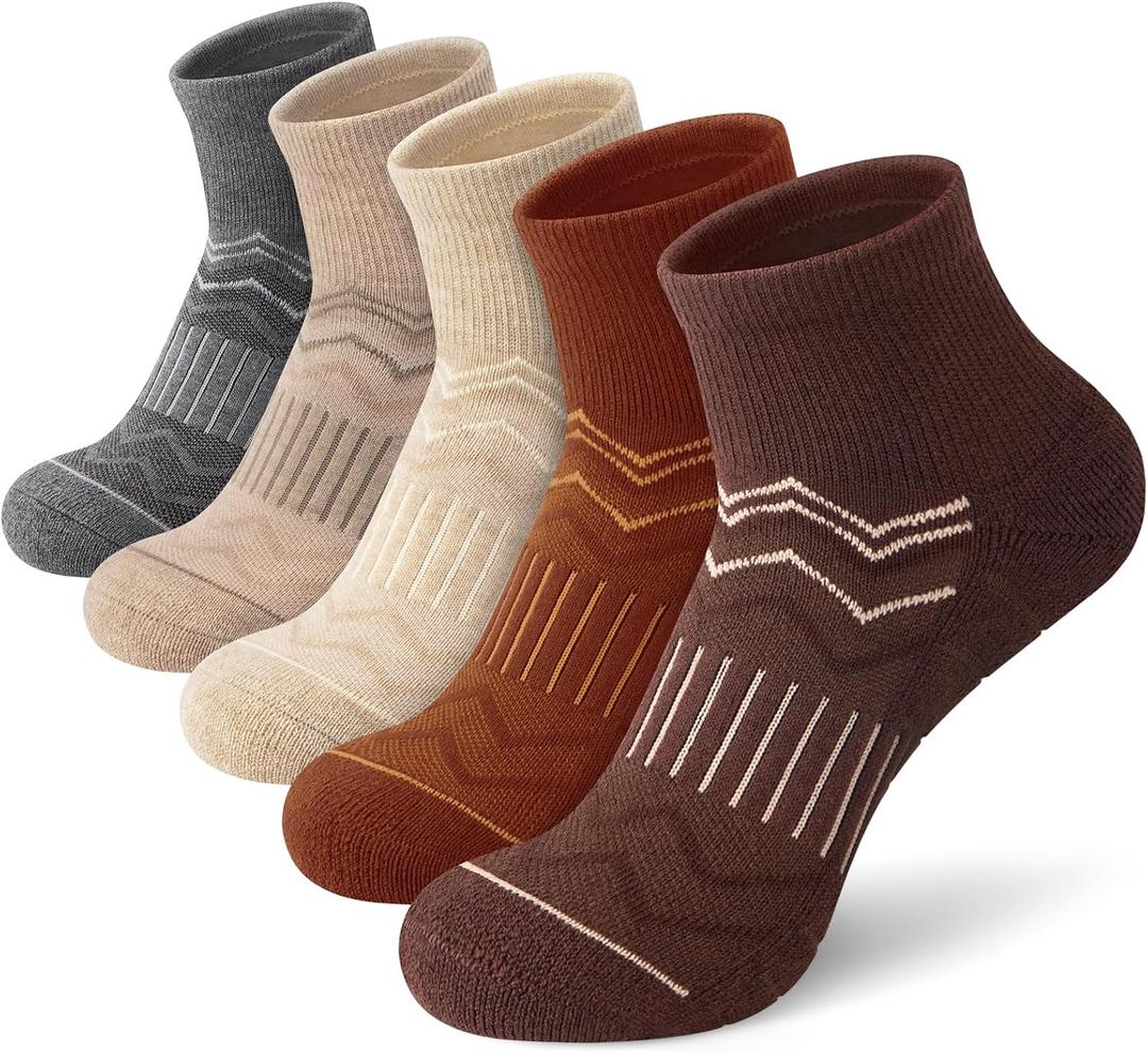 iCamter 5 Pairs Merino Wool Hiking Socks for Women Men Thick Cushion Quarter Ankle Athletic Running Socks (Beige, 5-9)