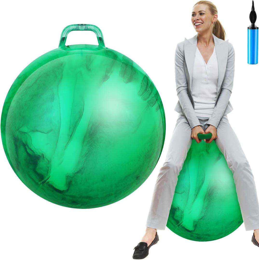 Lewtemi Hopper Ball for Adults, 29 Inch Bouncing Hippity Ball with Handle Rubber Hop, Jumping Hopping Exercise with Air Pump for Outdoors Sports Games Exercise (Green)
