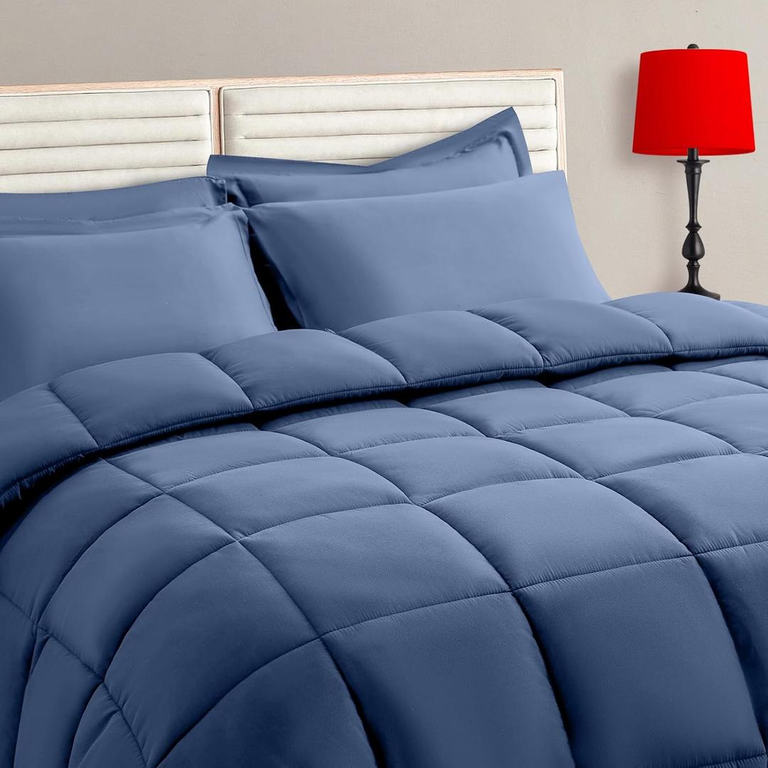 TAIMIT Slate Blue Queen Size Comforter Set - 7 Pieces, Bed in a Bag Bedding Sets with All Season Soft Quilted Warm Fluffy Reversible Comforter,Flat Sheet,Fitted Sheet,2 Pillow Shams,2 Pillowcases