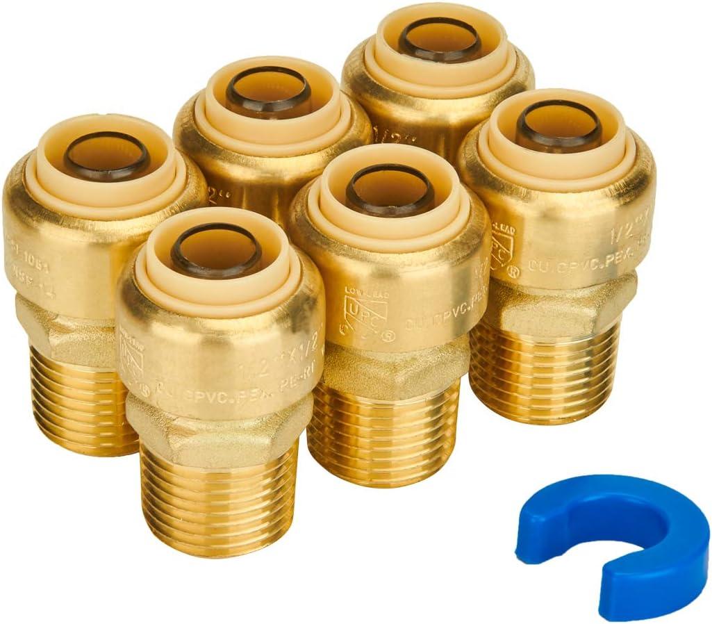 SUNGATOR 6-Pack Male Adapter 1/2 Inch by 1/2 Inch, Straight Connector Plumbing Fitting, Push Fit PEX Fittings with Disconnect Clip, Push-to-Connect Copper, CPVC, No Lead Brass Pipe Fittings