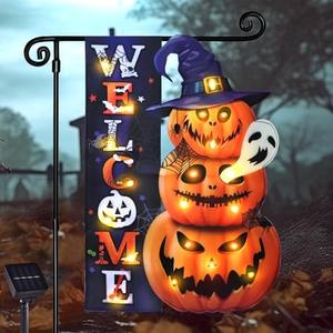 Halloween Lighted Garden Flag, Solar Yard Flag for Outside, 8 Modes Double Sided Welcome Halloween Ghost Outdoor Decorations for Home Porch (Ghost-12x18)