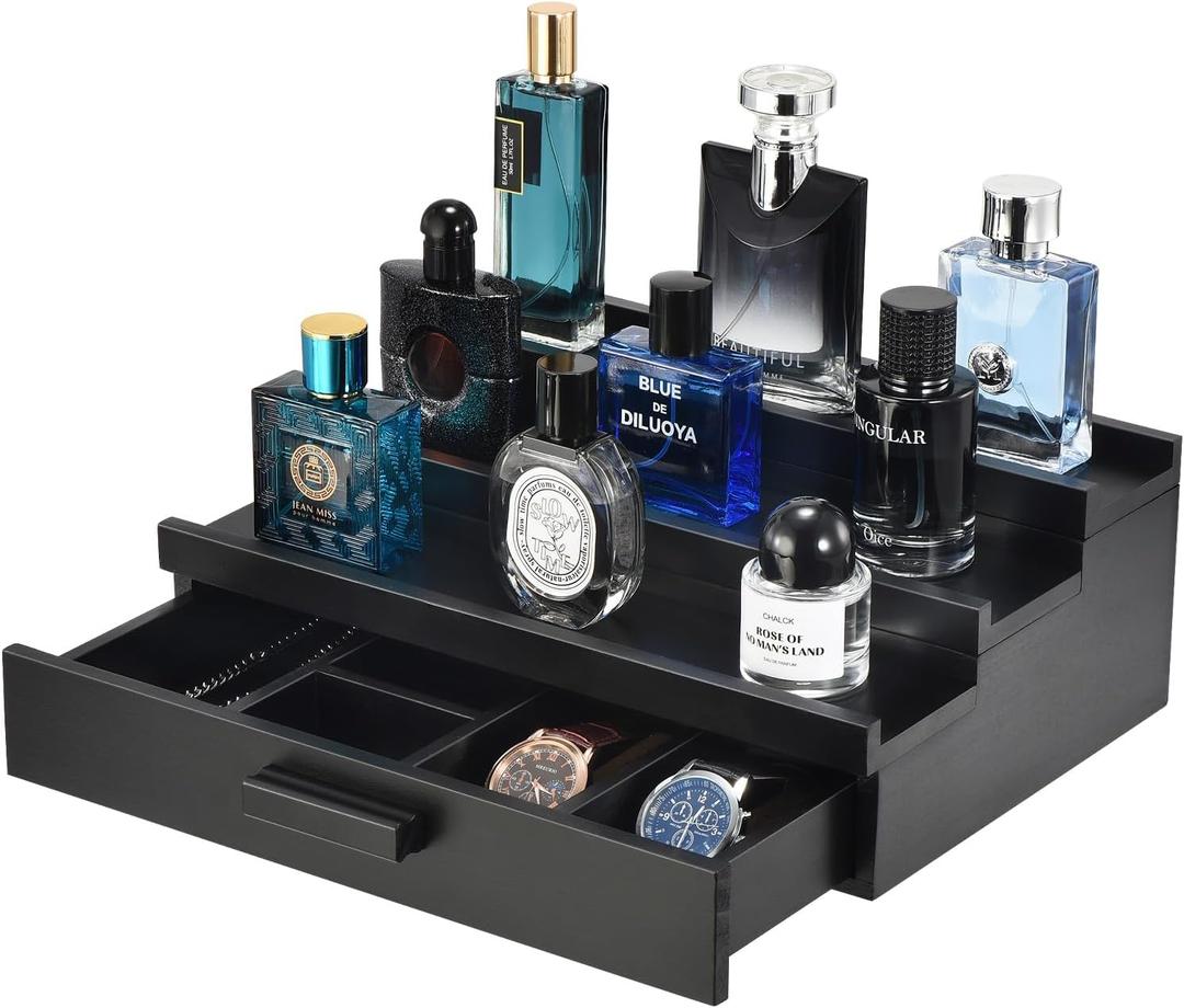 Perfume Organizer for Men, 3 Tier Wood Perfume Display Stand with Velvet Lining Drawer and Hidden Compartment for Watch,Jewelry,Perfume Display Risers,A Gift for Men (Black)