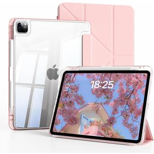 Clear Case for New iPad Pro 11 Inch Case M5/M4 2025/2024 (6th/5th Generation), Slim Shockproof TPU Cover with Pencil Holder, Multi-Angle Stand & Auto Wake/Sleep (Pink)
