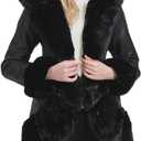 GRAN ORIENTE Women's Faux Leather Coat with Faux Fur Collar,Winter Warm Belted Mid Length Trim Jacket Fur Lined with Hood (Black)