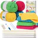 Aeelike Knitting Kit for Beginners, Complete Beginner Knitting Kit Easy Knitting Set Including Knitting Needles Set Cotton Yarn, Learn to Knit Dishcloth with Step-by-Step Instructions, Colorful