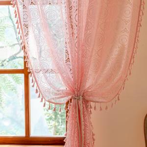 Pink Lace Curtains 84 Inches Long 2 Panels Boho Crochet Curtains for Girls Room Nursery Living Room Pretty Floral Patterned Princess Drapes Tassels Light Filtering Valentine's Decor 59" W x 84" L