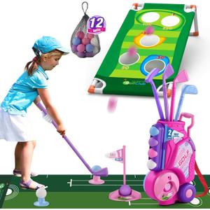 2 in 1 Toddler Golf Set, Upgraded Kids Golf Clubs with 12 Balls, Cornhole Board & Putting Mat, Shoulder Strap, Indoor Outdoor Sport Toys Gift for Boys Girls Aged 3-5 Years Old, Pink