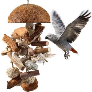 Natural Bird Toys for Parrots 18in Handmade Shredding & Foraging Toy with Coconut Shells, Wood Blocks & Lava Stones Parrot Toys for Sun Conures, Conures, Caiques, Cockatiels, Quaker Parrots