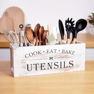 WDT Tool Utensil holder for Kitchen Counter Large Round Utensils Holder with Wooden Base Matte Black Cooking Utensil Holder，Kitchen countertop Utensil Organize (White-4 Compartments)