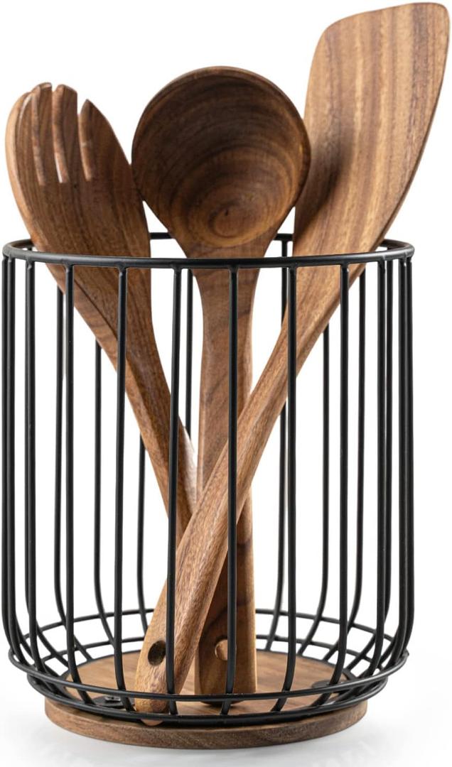 getstar Kitchen Utensil Holder, Large Wire Utensil Holder for Kitchen Counter (W6.2 x H7.5) with Acacia Base