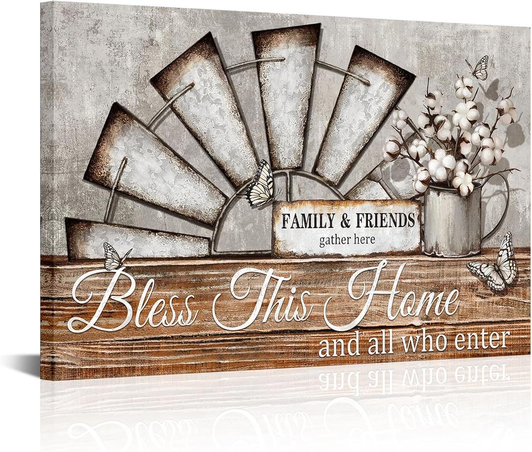 Visual Art Decor Farmhouse Windmill Wall Decor Bless This Home Sign Rustic Farm Style Room Decor Framed 16x24inch Kitchen Bedroom Living Room Decor (Brown)