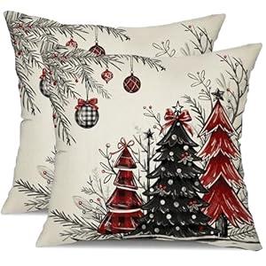 DFXSZ Christmas Pillow Covers 16x16 Inch Set of 2 Red Balck Christmas Tree Decorative Throw Pillows Winter Christmas Decor for Home Couch TH-35C16