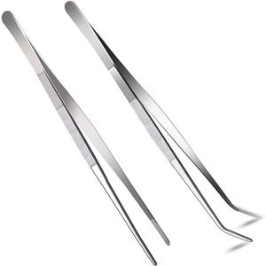 2 Pcs 12 Inch Long Handle Stainless Steel Straight and Curved Tweezers Nippers, Set with Serrated Tips Comfortable Ridged Handle for Garden, Kitchen, Indoors and Outdoors