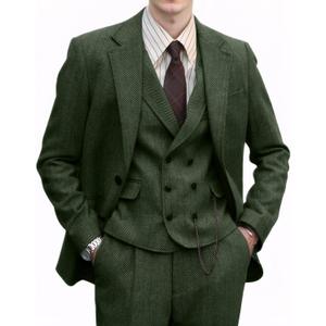 Retro 3 Pieces Men Suit Tweed Herringbone Suits for Men Formal Wool Jacket Dress Suit Vest Pants Wedding Prom Tuxedo (Green) XXL