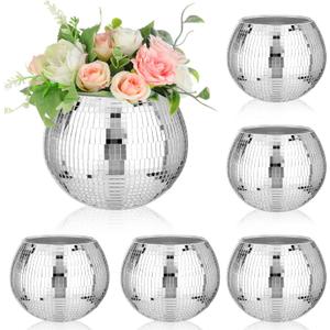 6 Pieces Disco Ball Flower Vase Mirror Disco Ball Glass Planter Candle Holder Glass Vase Bulk for Wedding Centerpieces Bedroom Kitchen Office Decoration Birthday (Silver, 5 x 6 Inch)