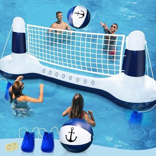Large Inflatable Pool Games Volleyball Net Pool Float Set with 9" Anchor Ball, 2 Weight Bags & Yacht Design – Floating Swimming Game Toy for Adults & Kids, Perfect for Summer Water Sport Pool Party