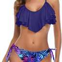 Tempt Me Two Piece Flounce Bikini Side Tie Bottom Padded Ruffled Top Swimsuit for Women Cross Back Bathing Suit (Blue Purple Leaves) S