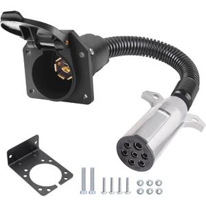 7 Pin Round to 7 Pin RV Trailer Adapter,7 Pin Trailer Plug Adapter with Mounting Bracket,7 Pole Round to 7 RV Blade Adapter Connector, Trailer Connector