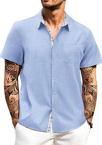 HUNGSON Men's Button Down Shirts Short Sleeve Casual Shirts Summer Beach with Pocket, Size: XL