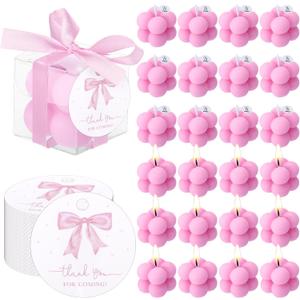 MTLEE 24 Sets Pink Bow Party Favors Small Bubble Candle Baby Shower Favors for Guests Tea Candles Bulk with Stylish Ribbons Cards Gifts Party Decoration(Bright Pink,Bow)