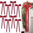 8 Pcs 31.5" x 9.8" Large Red Velvet Christmas Swag Wreath Bows, Rustic Velvet Staircase Fireplace Bow, Vintage Christmas Tree Topper Ribbon Bow Ornaments for Xmas Tree Garland Home Holiday Party Decor