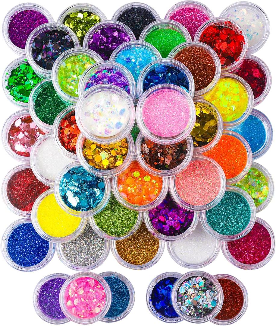 FANDAMEI Glitter, 48 Color Chunky Glitter & Fine Glitter for Crafts, Bulk Rainbow Craft Glitter for Resin Nail Art, Holographic Sparkles for Festival Makeup, Iridescent Flakes for Kids & Adults