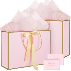 woric Pink Gift Bags with Handles, 14" Medium Gift Bags with Tissue Paper, 2 Pcs Pink Bags with 4 Tissue Paper and 2 Cards for Baby Shower Birthday Party Wedding Mother's Day