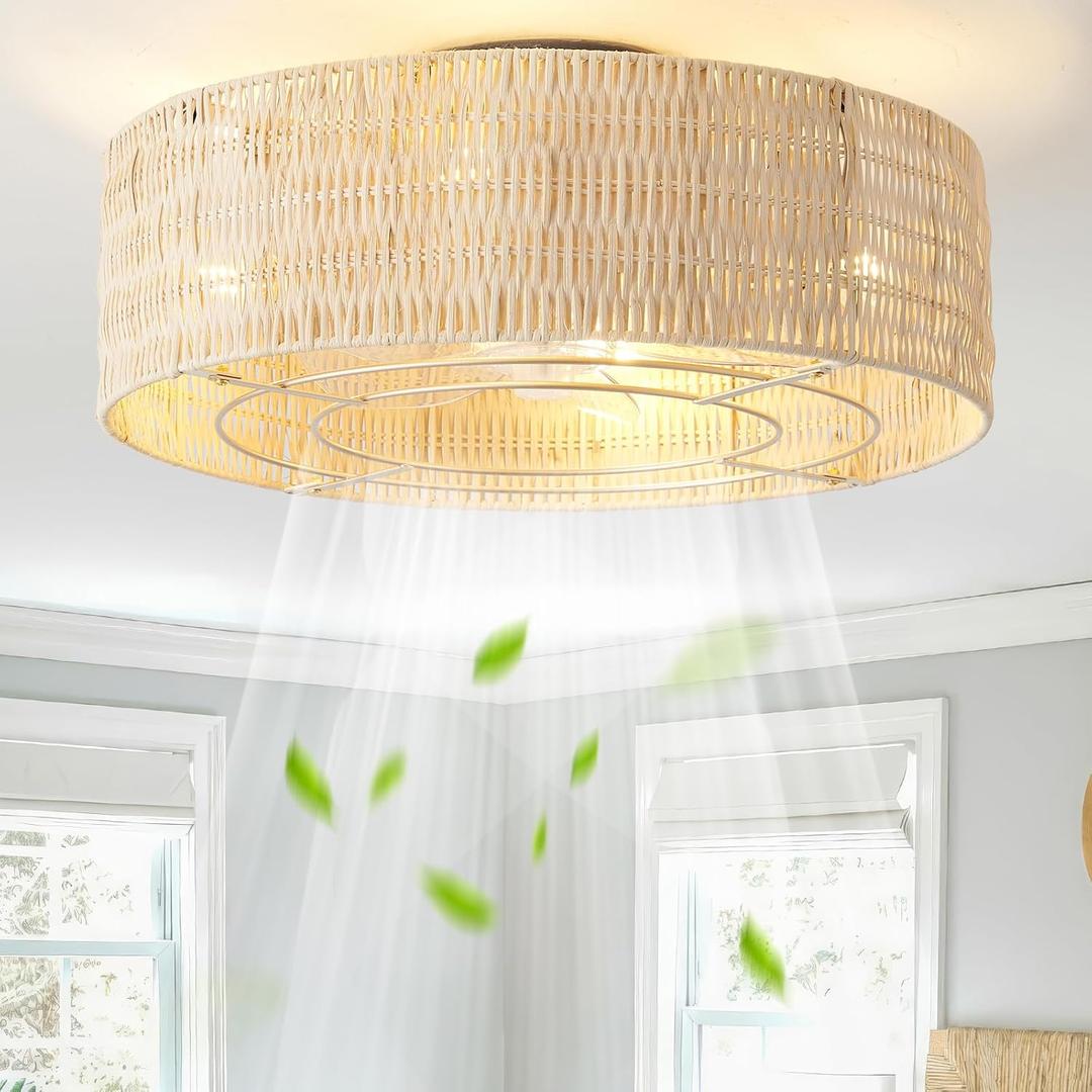 Caged Ceiling Fans with Lights Flush Mount, 20" Rattan Boho Ceiling Fan with Light Remote Control, Enclosed with 6 Speeds for Bedroom, Nursery, Living Room (Beige)