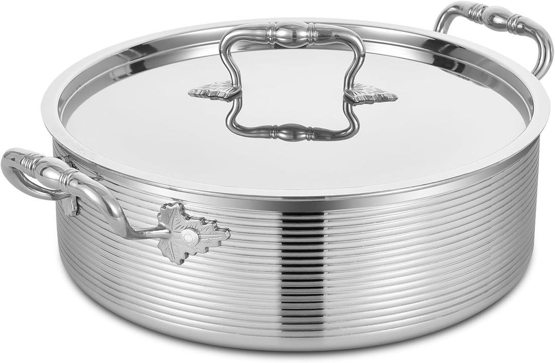 Inqibee Tri-Ply Stainless Steel 8 Quart Rondeau Pot with Lid Braiser Pan, 13 inch Deep Frying Pan, Versatile Cookware, Large Saute Pan, Compatible With All Cooktops, Induction Compatible, Oven-Safe