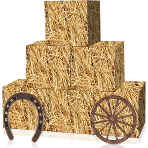 YLOLUL 6 Pcs Hay Bales Boxes Large Decor with Wooden Wagon Wheels and Horseshoe Western Cowboy Party Rodeo Decorations Western Photo Booth Props for Western Cowboy Party Birthday Farm Favors Supplies (Straw)