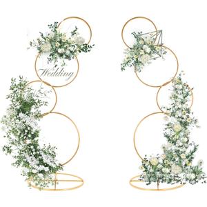 Gold Arch Backdrop Stand 5Ft Wedding Round Hoop Backdrop Stand, 4 Tier Floral Balloon Arch Stand for Wedding Centerpiece Baby Shower Birthday Ceremony Background Decoration (2 Pcs, Gold)