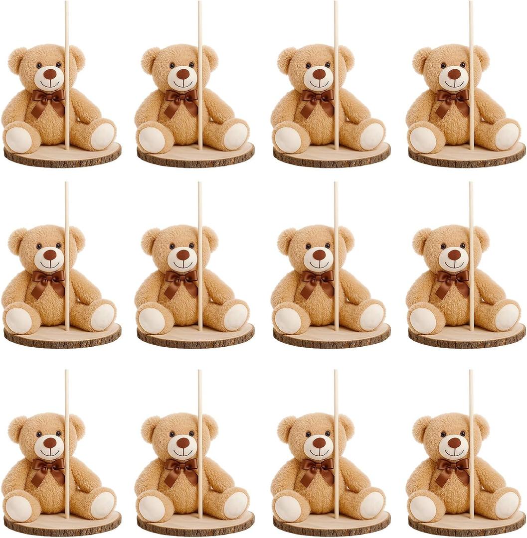 Canlierr 12 Set Bear Centerpieces for Baby Shower Decor Includes Bear Wooden 23-26in Rounds Circles Slices with Stick DIY Craft Birthday Wedding Gender Party Table Decorations, Khaki