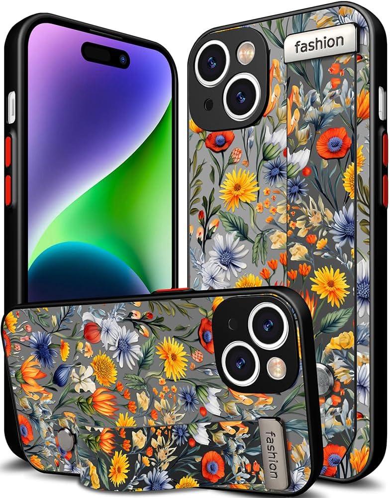 Compatible for iPhone 14 Case Cute with Strap Stand Finger Kickstand, Designer Cool Silicone Cases Funda Cover - Blue Unique Florals Kawaii