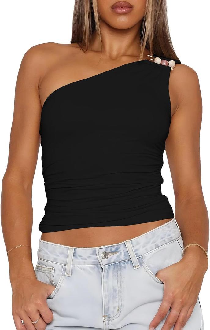 BAIGRAM Women Sleeveless Y2K Beaded Buckle One Shoulder Crop Tank Tops Asymmetric Ruched Slim Fit Summer Boho Going Out Tops Black (Black, M)