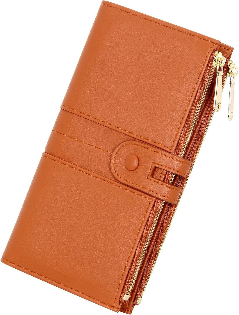 Slim Wallets for Women PU Leather Card Holder Wallet Large Capacity Bifold Clutch Wallet with Double Zipper Pocket (Brown)