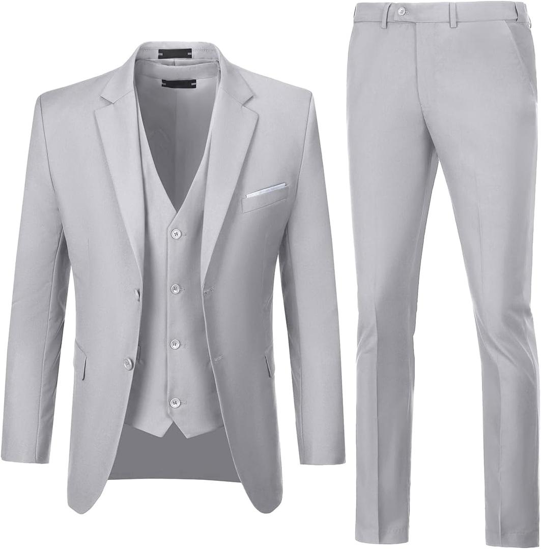 Men Suits 3 Pieces Set Slim Fit Wedding Suit Groomsmen Prom Suit Tuxedo Business Formal Casual Groom Suit Jacket Blazer Pants (X-Large, Grey)