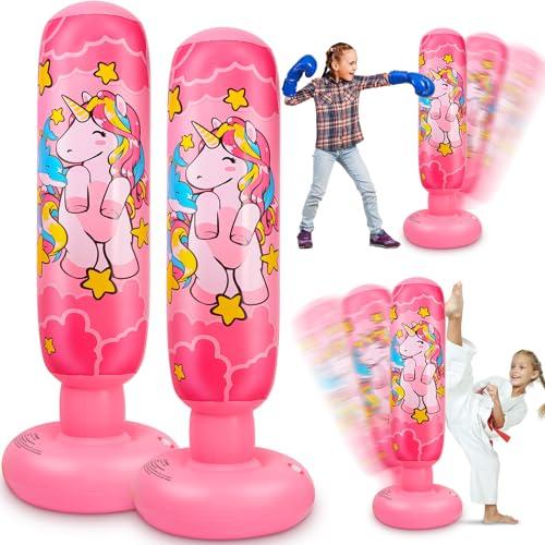 Vinsatin 2 Pcs 47" Kids Punching Bag Girls Stable Inflatable Boxing Bag Unicorn Heavy Punch with Instant Bounce Back Movement Kids Workout Equipment Karate Gifts for Girls Karate Taekwond