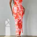 PRETTYGARDEN Women's Summer Wedding Guest Dress Strapless Tube Top Maxi Bodycon Long Floral Mesh Beach Vacation Party Dresses (Medium, Print Light Orange)