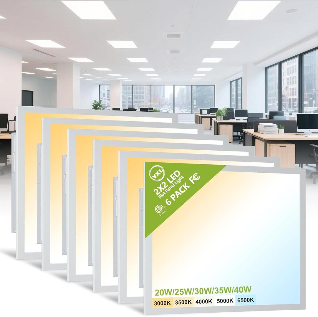 YXL 6 Pack 2x2 LED Flat Panel Light Drop Ceiling Light Fixture, 5200LM, 5CCT LED Drop Ceiling Office Light, 40W/35W/30W/25W/20W Selectable,6500K/5000K/4000K/3500K/3000K,Dimmable 0-10V,ETL