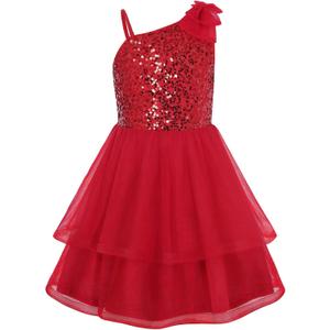GRACE KARIN Girls Party Sequin Formal Dress 7-14Y Birthday Dance Graduation Sparkly Pageant Dresses Wedding Flower Girl Dress (Red, 10Y)