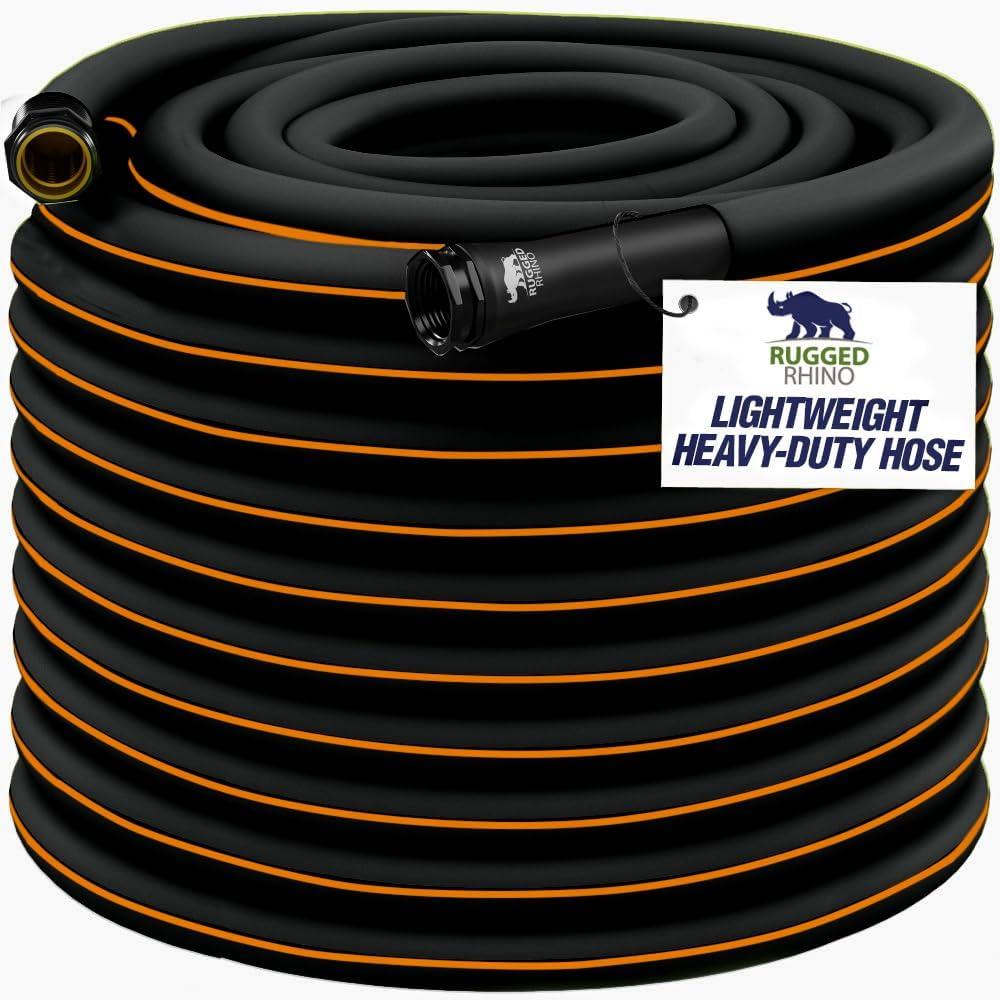 Rugged Rhino Heavy Duty Flexible Light Weight Garden Hose, 100ft x 5/8in, 4 Layer Leakproof Outdoor Gardening Tools, Watering Supplies, Powerful Water Pressure for Lawn, Flowers, Black Orange (100 Feet)