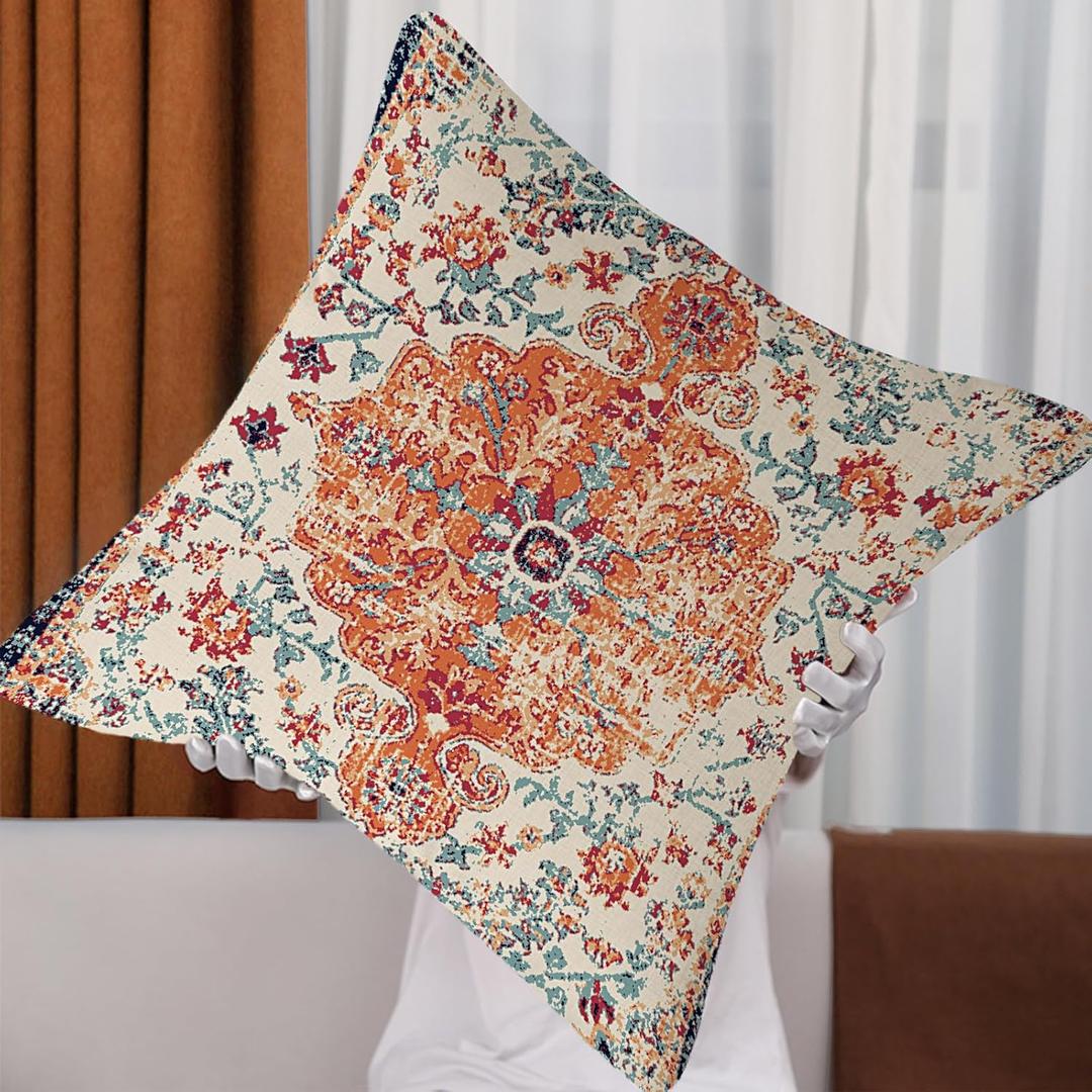 Outdoor Waterproof Pillow Covers 18X18 Inch - Bohemian Vintage Carpet Pattern Orange Blue Ethnic Design Decorative Farmhouse for Couch Garden Balcony (1 pack)