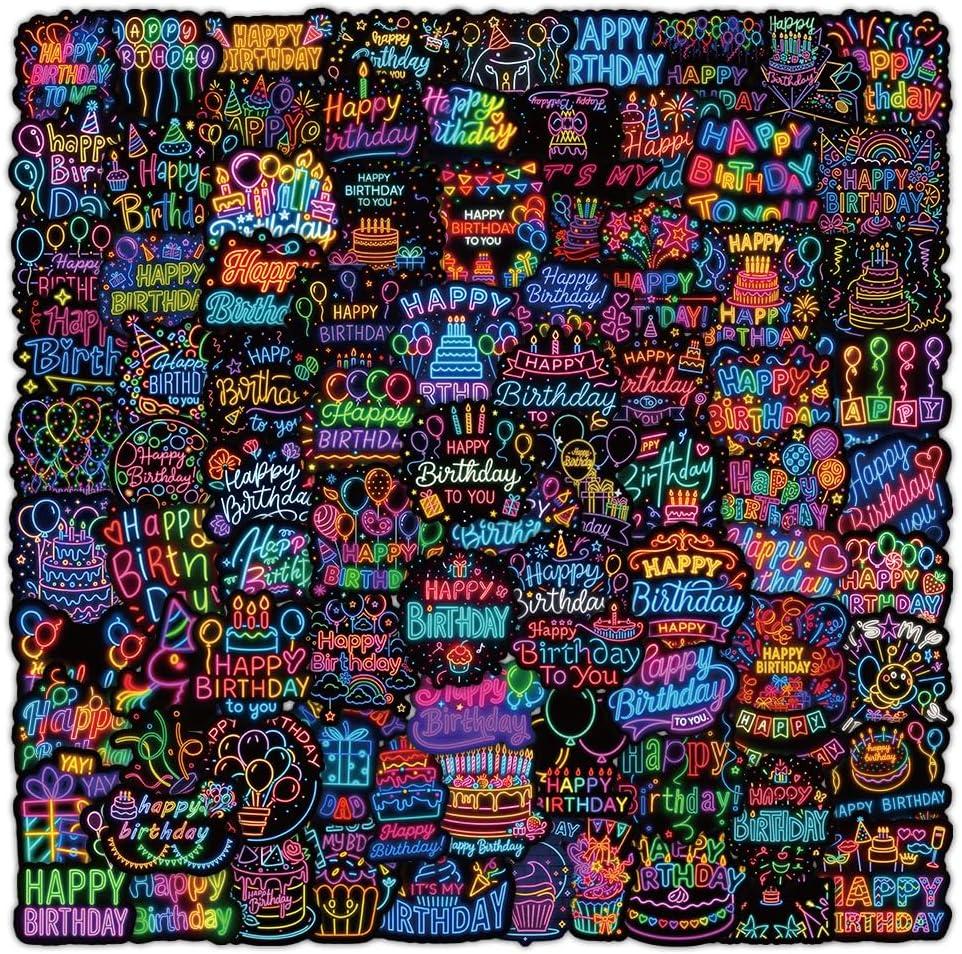 130pcs Neon Happy Birthday Stickers Vinyl Cartoon Birthday Stickers Waterproof Party Decals for Water Bottle Laptop Computer Phone Case Car Guitar Bumper Skateboard Gifts for Kids